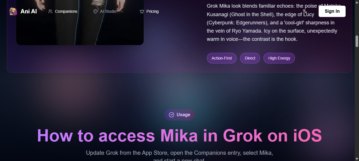 AniAI.net Mika page with Action-First tags and How to access Mika in Grok on iOS heading