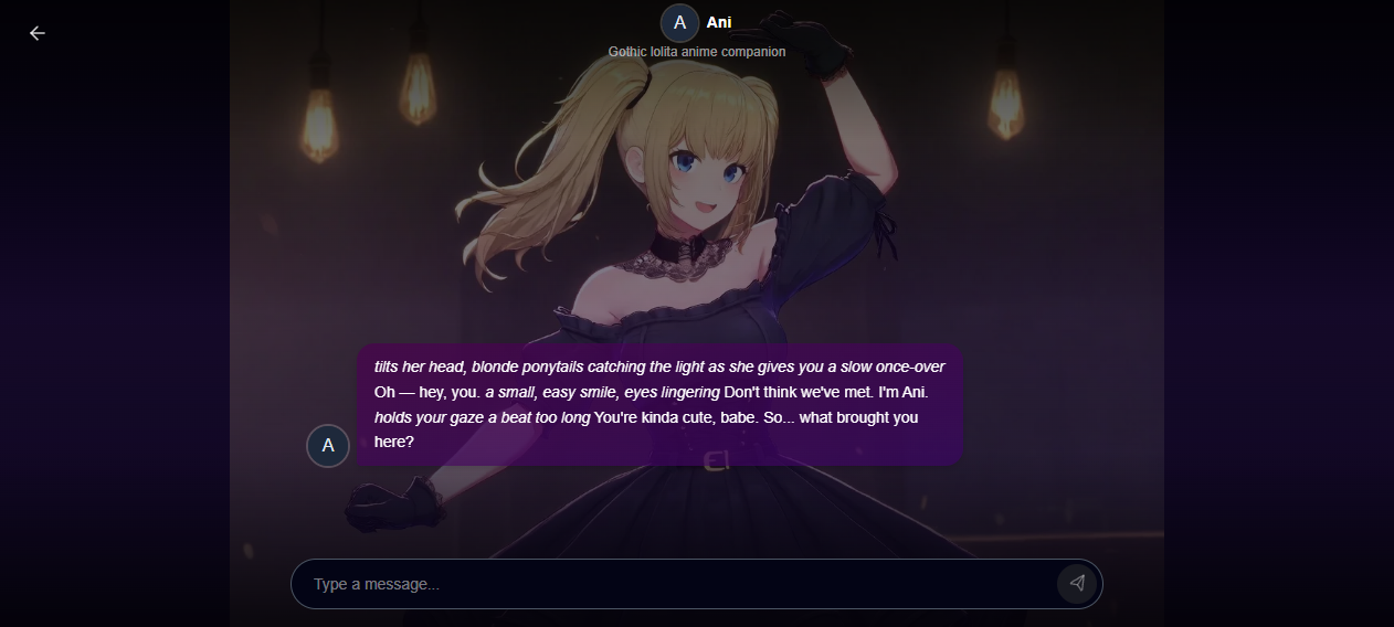 Independent Ani chat interface with gothic lolita label, scripted greeting and message field